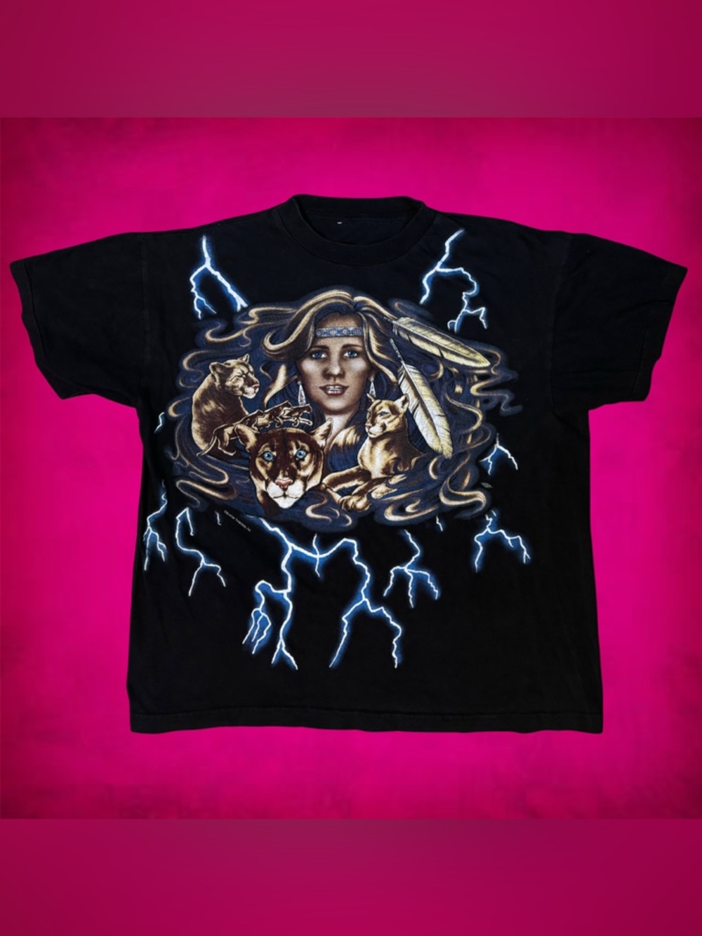 VTG 90s American Thunder Native American Cougars T Shirt Single Stitch AOP L/XL